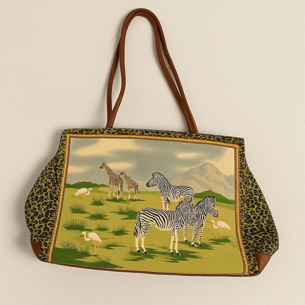Embellished Brown Green Safari Zebra Giraffe Design Canvas Leather Tote Bag